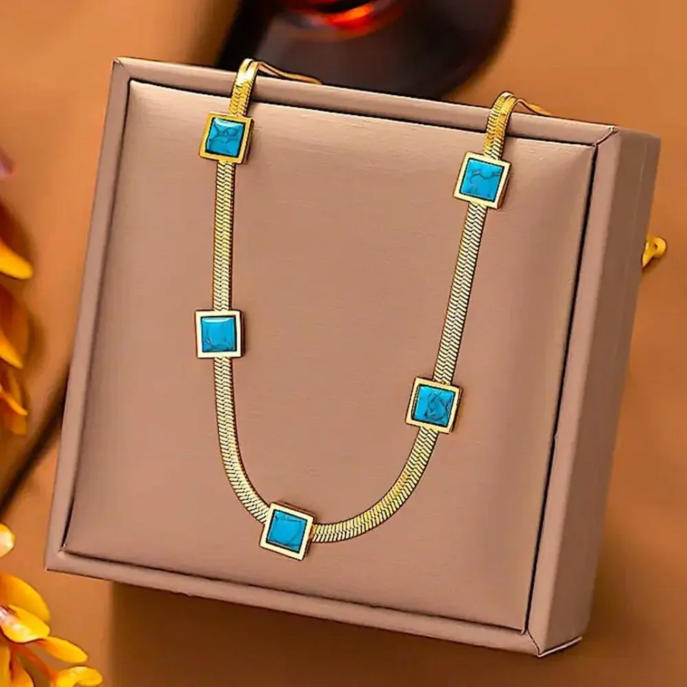 Gold Turquoise Pendant Matching Bracelet Set Herringbone 18K Gold Plated